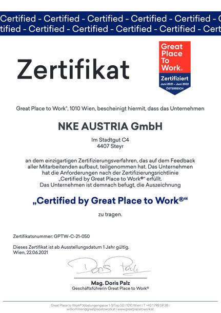 NKE Austria als “Great Place to Work“ zertifiziert